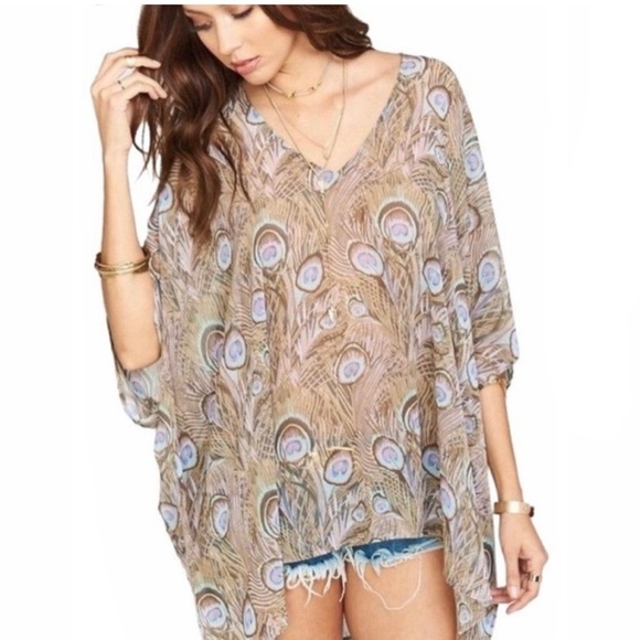 SMYM Peacock Print‎ Tunic Sheer Romantic Boho Fairy Fairycore Coverup Poolside - Picture 1 of 5